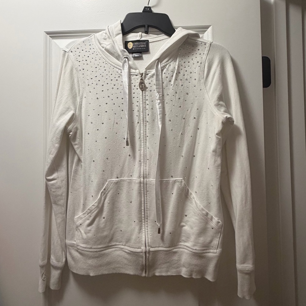 Christine Alexander White Rhinestone Zip Hoodie